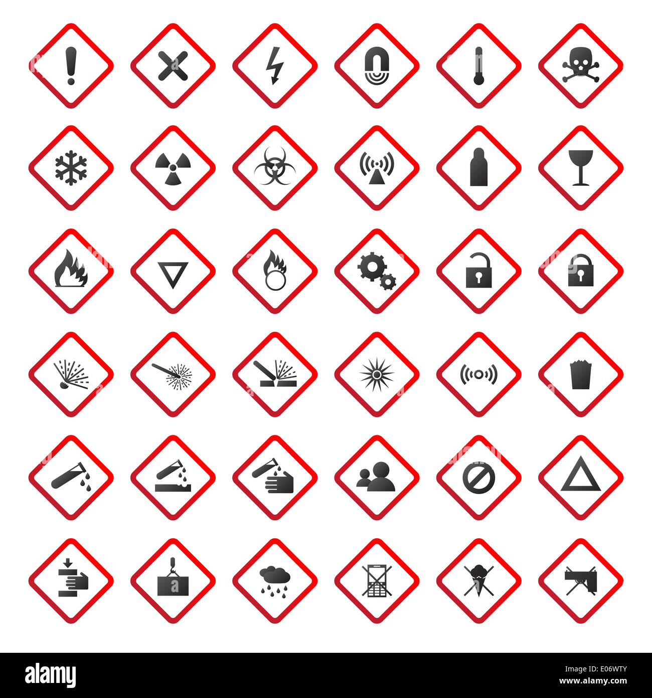 Warning und Danger Schilder Sammlung isoliert auf weißem Hintergrund Stockfoto