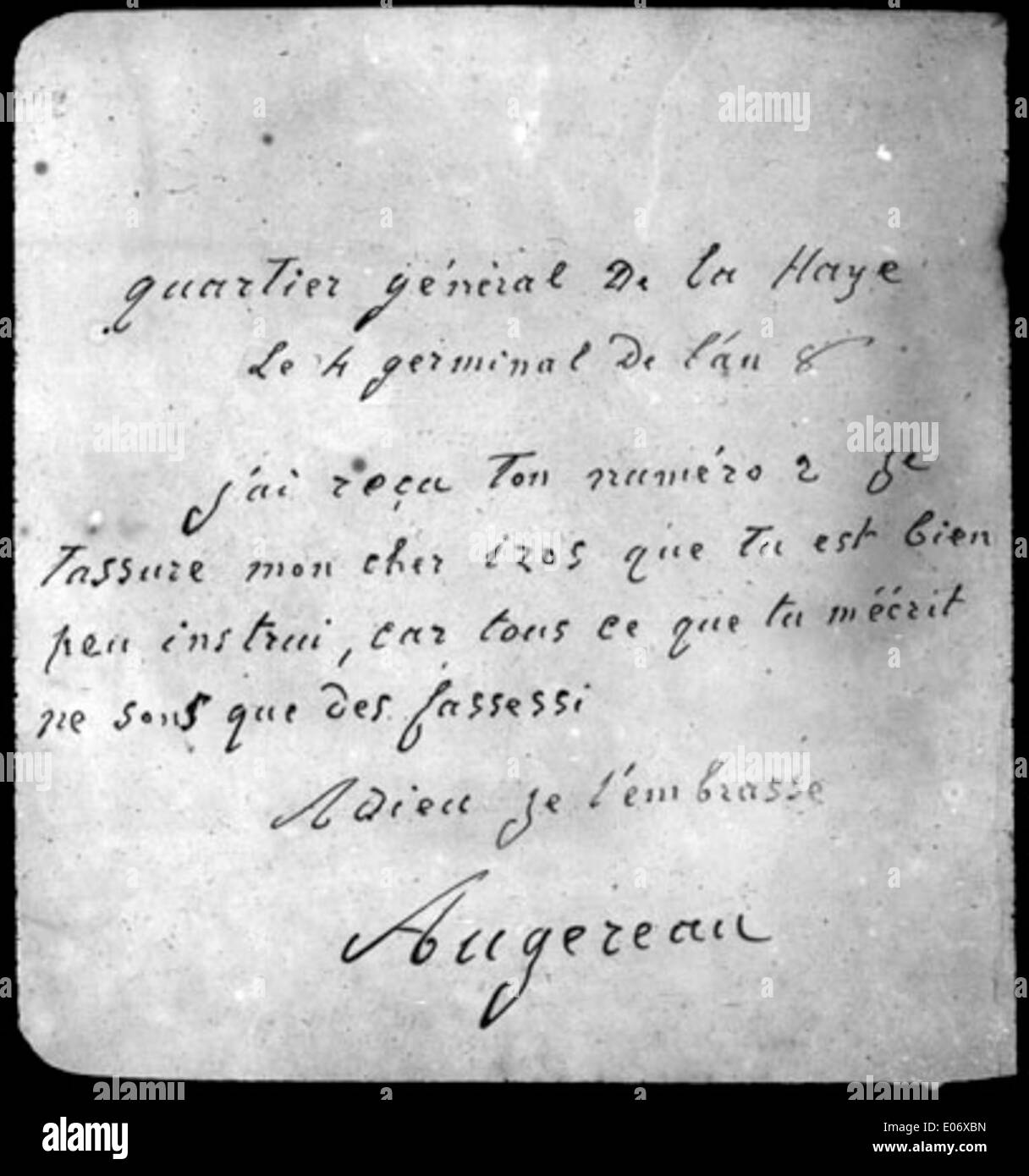 Lettre d'Augereau Adressée À Izos, mars En 1800 Stockfoto