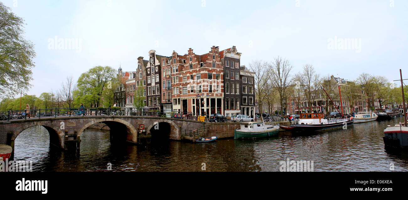 Panorama der Prinsengracht und Brouwersgracht Kanal in Amsterdam, Niederlande Stockfoto