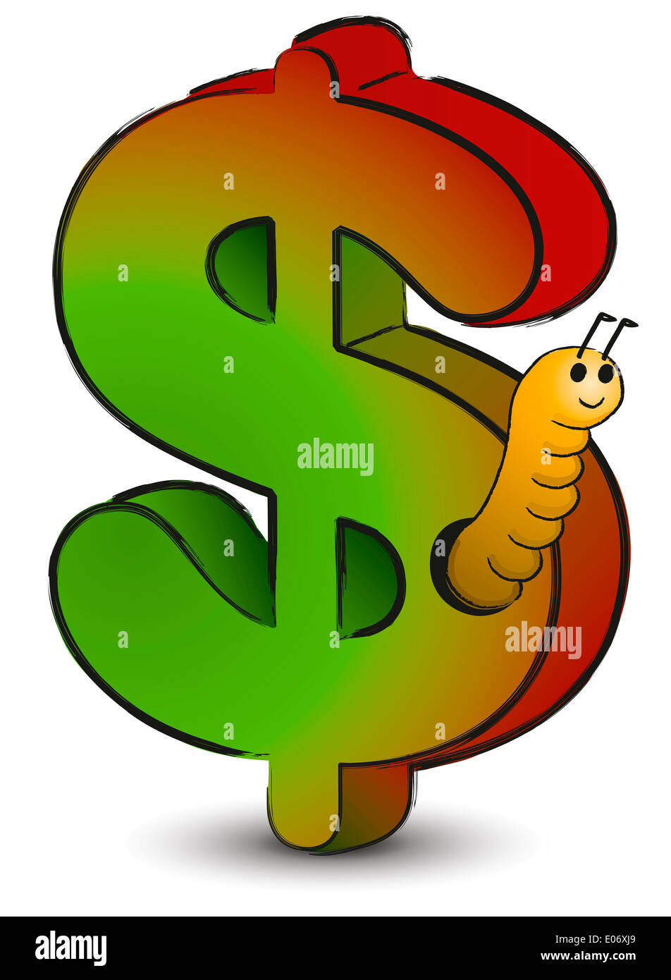 Wormy Dollar - Karikatur von einem Dollar-Symbol von einem Wurm gefressen. Stockfoto
