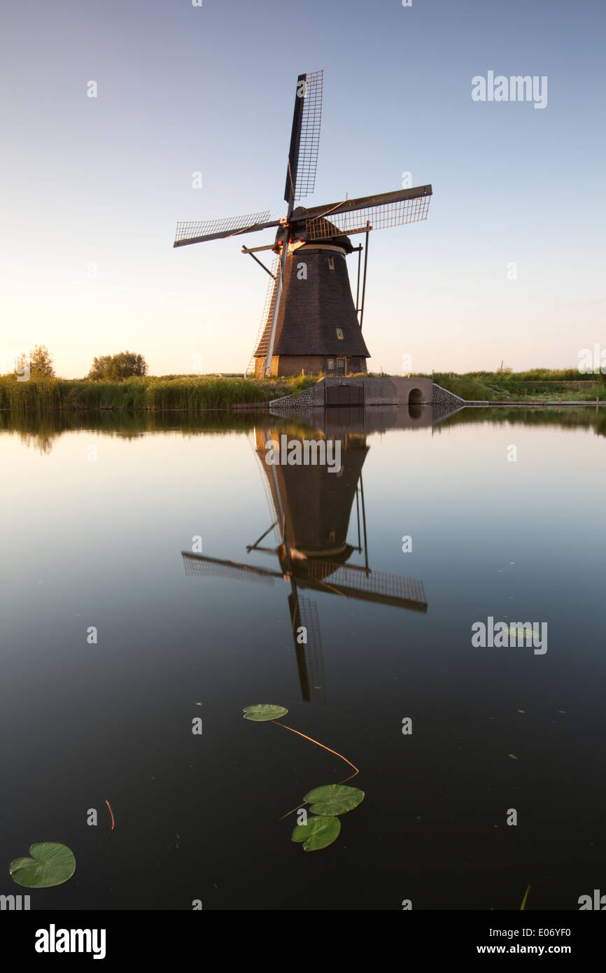 Blick auf eine Windmühle und ihre Reflexion in den umliegenden Gewässern Polder bei Sonnenuntergang, Kinderdijk, Nieuw-Lekkerland, Holland. Stockfoto