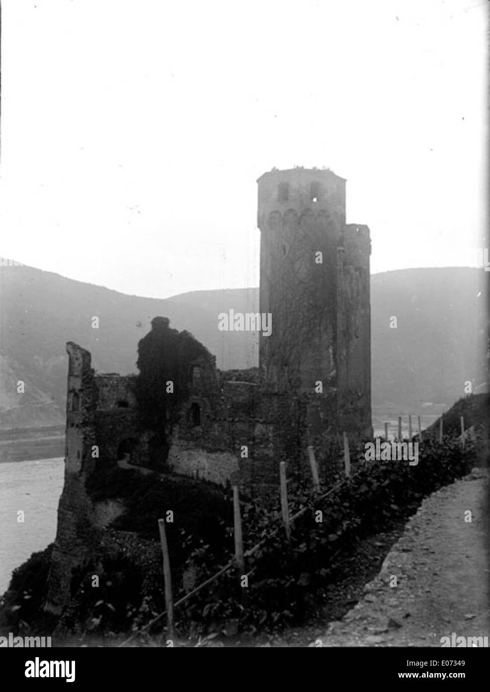 Die Ruine des Schlosses Ehrenfels in Rüdesheim, Hessen, ist in diesem Kunstwerk dargestellt und zeigt die architektonischen Überreste vor der malerischen Kulisse des Rheins. Diese historische Szene fängt das mittelalterliche Erbe der Region ein. Stockfoto