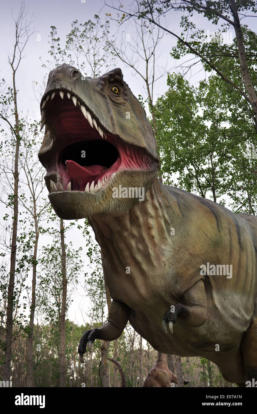 t-Rex Dinosaurier mit weit offenem Mund im Wald Stockfoto