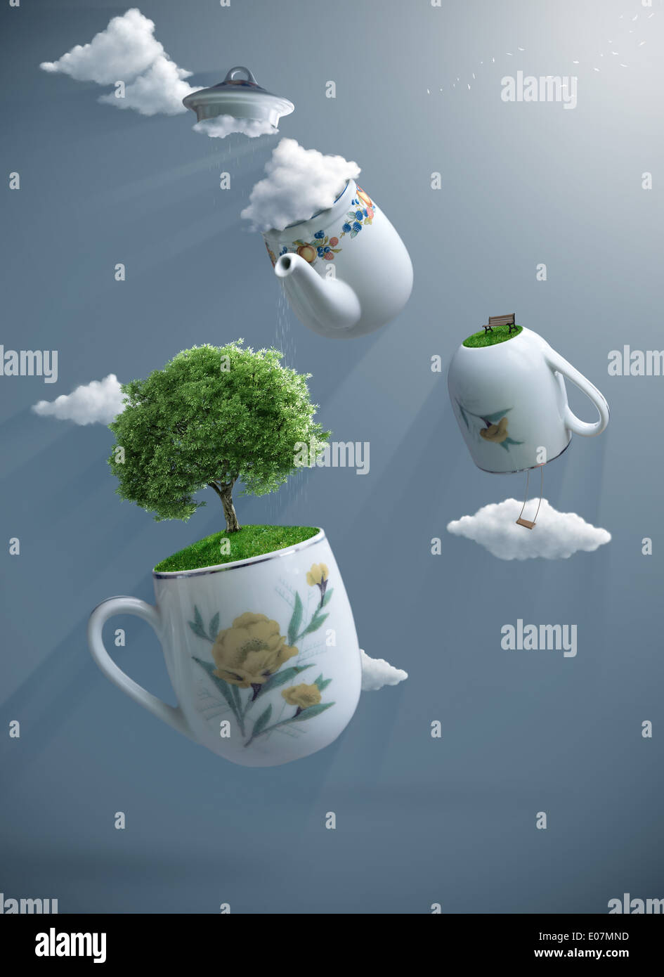 fantastische Welt mit Teekanne und Teetassen ausgesetzt Stockfoto