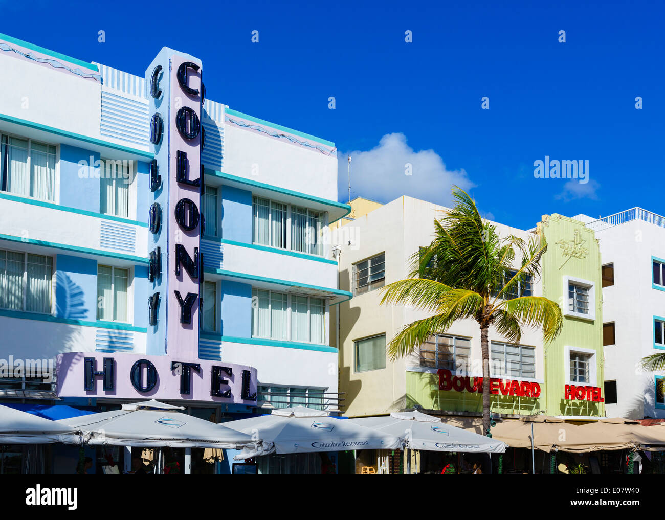 Art-Deco-Hotels am Ocean Drive, South Beach, Miami Beach, Florida, USA Stockfoto