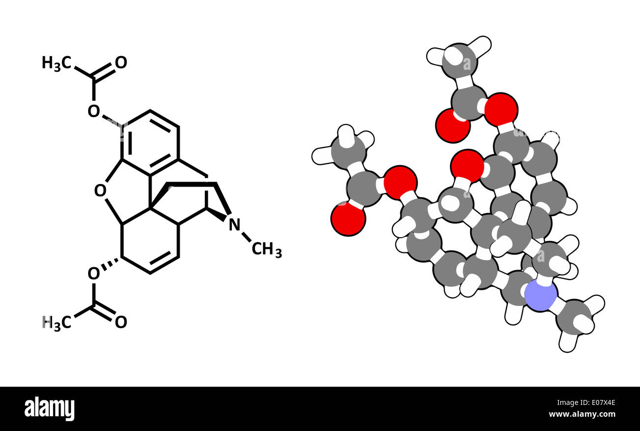 Heroin (Diacetylmorphin, Diamorphin Morphin Diacetat) opioid Wirkstoffmolekül. Stockfoto