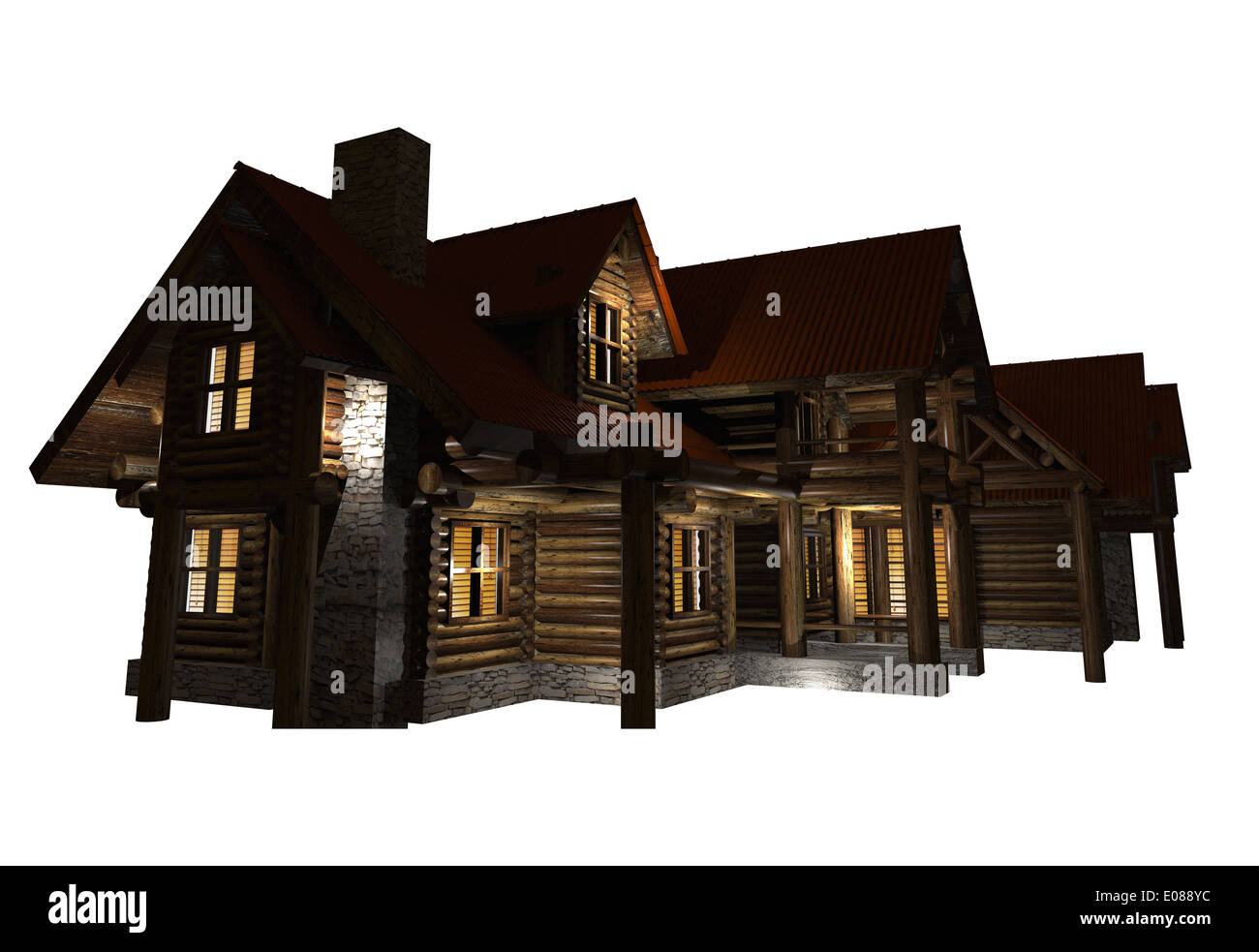 Blockhaus isoliert Grafik. Log House Nacht Beleuchtung 3D Render Illustration. Stockfoto