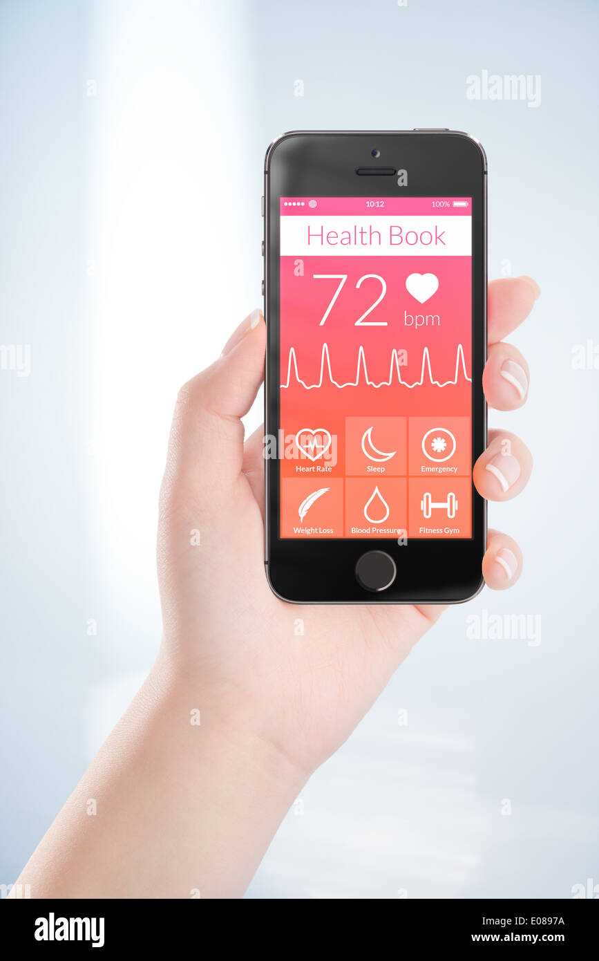 Frau Hand hält schwarz mobile Smartphone mit Health-Buch-app auf dem Bildschirm. Stockfoto