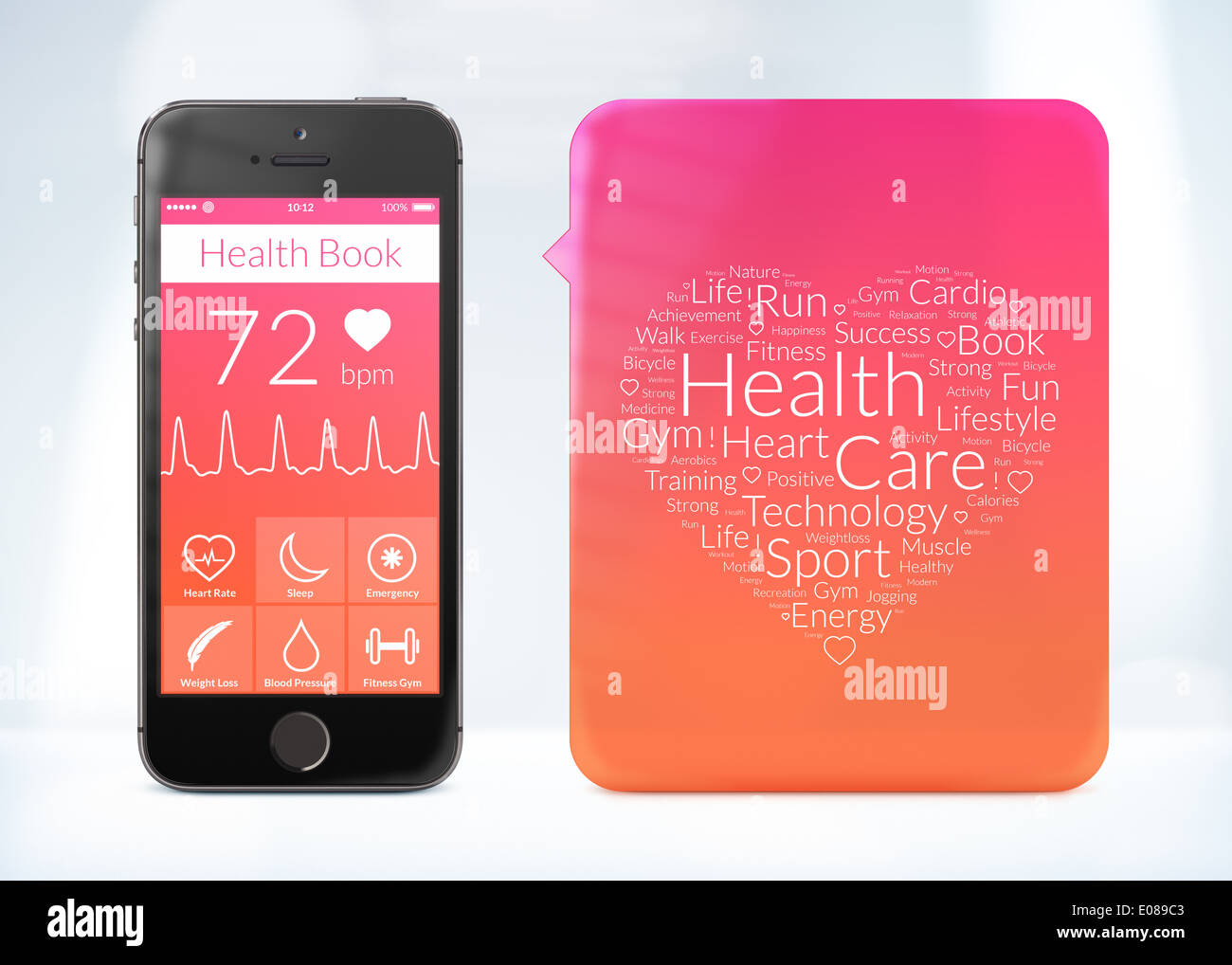 Direkt Vorderansicht des Gesundheit-Book-Anwendung für Smartphones mit Wort-Wolke-Aufkleber. Stockfoto