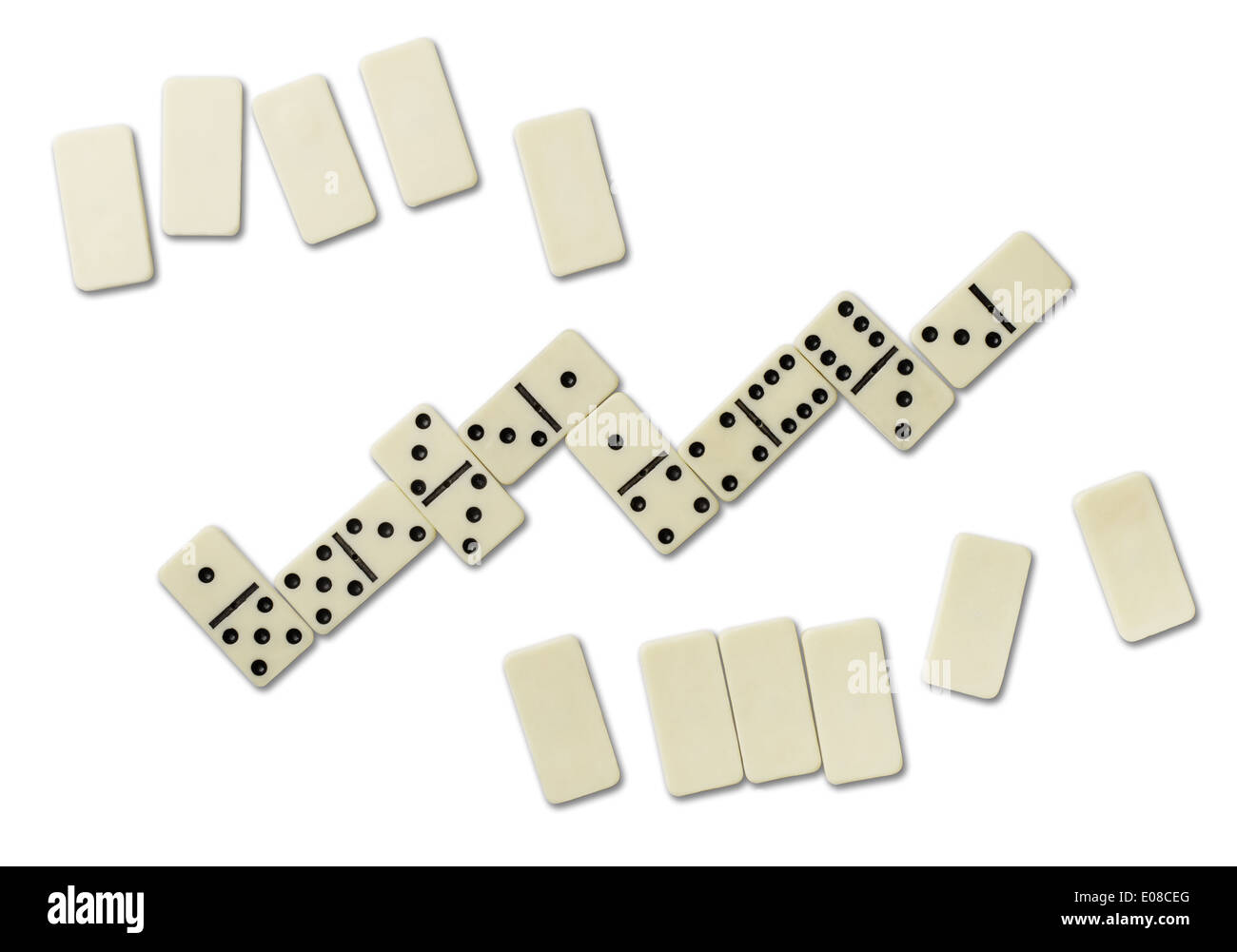 Draufsicht der Dominospiele isoliert auf weiss Stockfoto