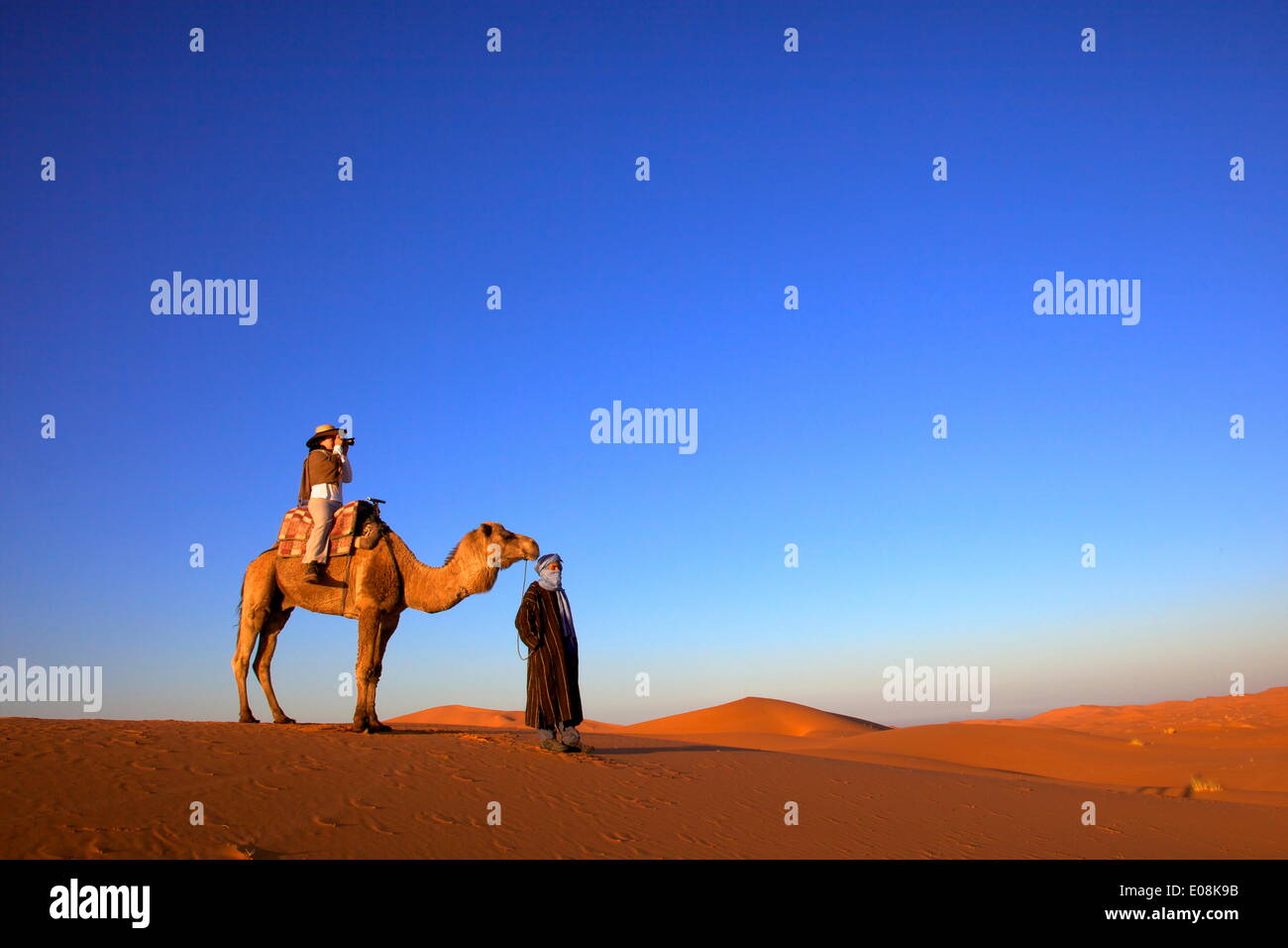 Touristen auf Kamel nehmen Foto mit Berber Mann, Marokko, Nordafrika, Afrika Stockfoto