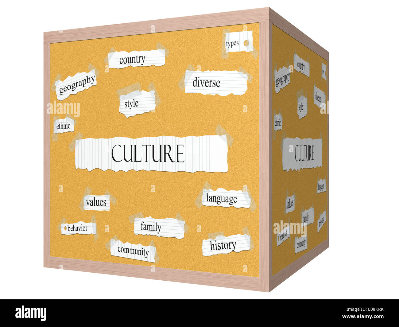 Kultur 3D-Würfel Pinnwand Wort Konzept mit großen Begriffe wie Land, Stil, vielfältig und vieles mehr. Stockfoto