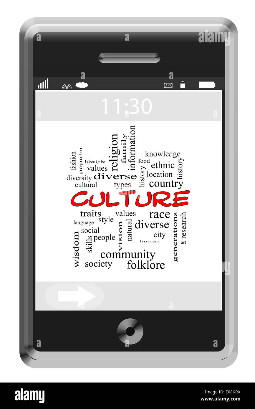 Word Cloud Kulturbegriff auf ein Touchscreen-Handy mit großen Begriffe wie vielfältig, Land, Stadt und vieles mehr. Stockfoto