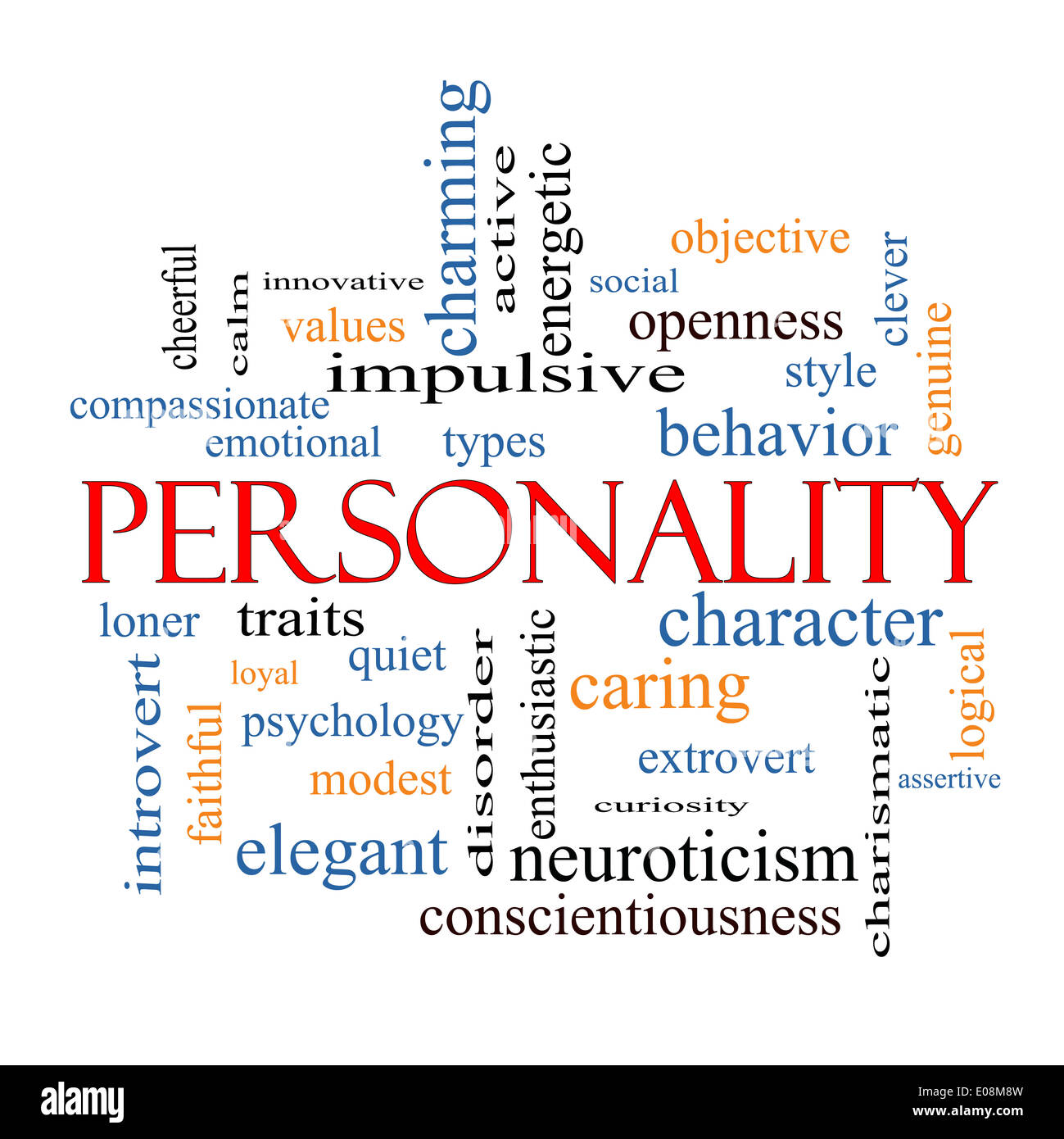 Persönlichkeit Word Cloud-Konzept mit großen Begriffe wie fröhlich, Charakter, Verhalten und vieles mehr. Stockfoto