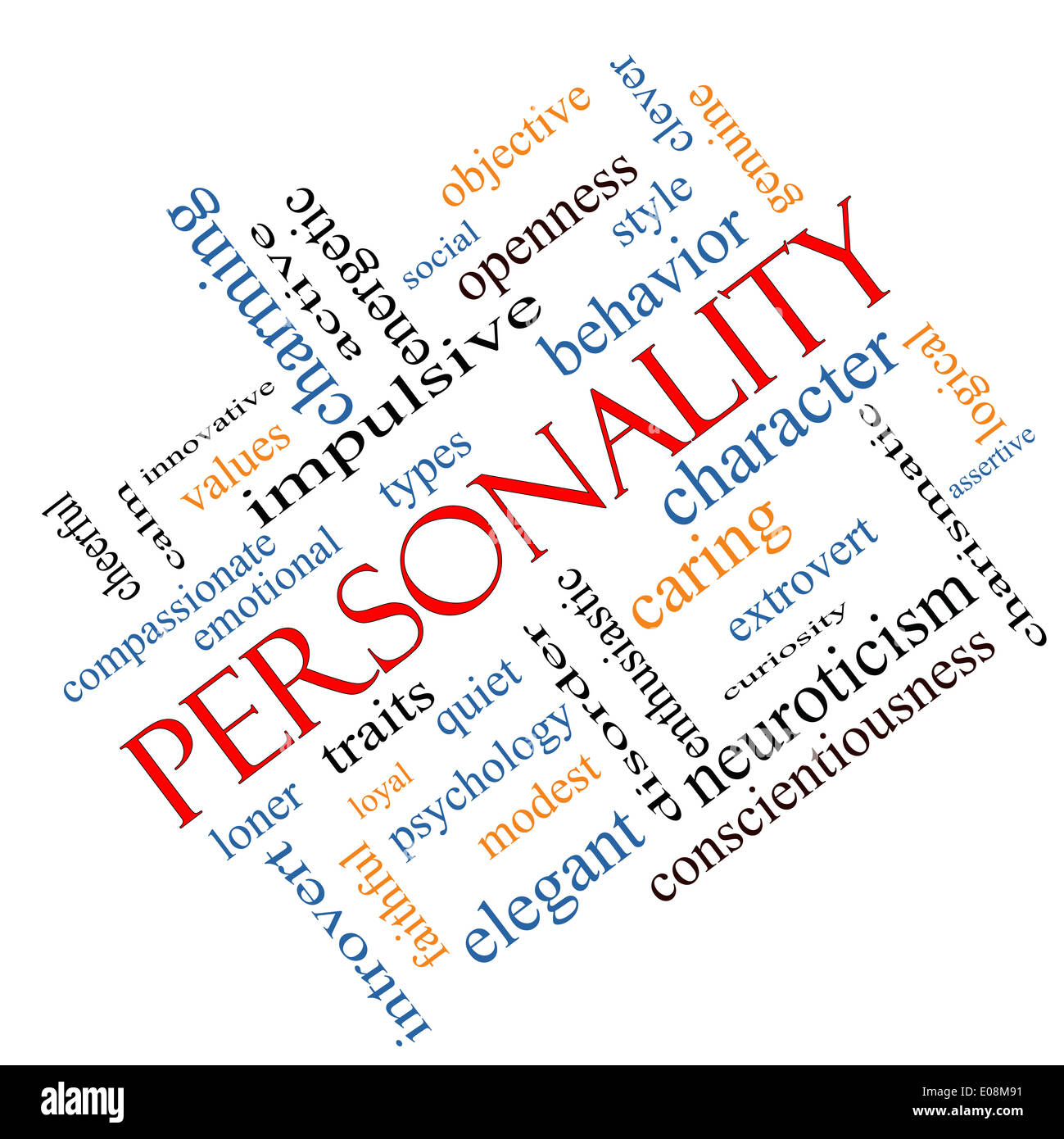 Persönlichkeit Word Cloud Konzept abgewinkelt mit großen Begriffe wie fröhlich, Charakter, Verhalten und vieles mehr. Stockfoto