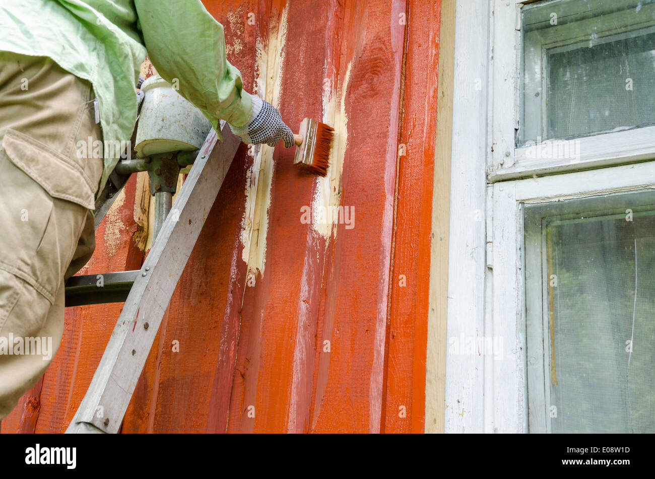 Maler Arbeiter Mann auf Leiter Farbe ländlichen Holzhaus Mauer mit Pinsel Pinsel in der Nähe von Fenster. Stockfoto