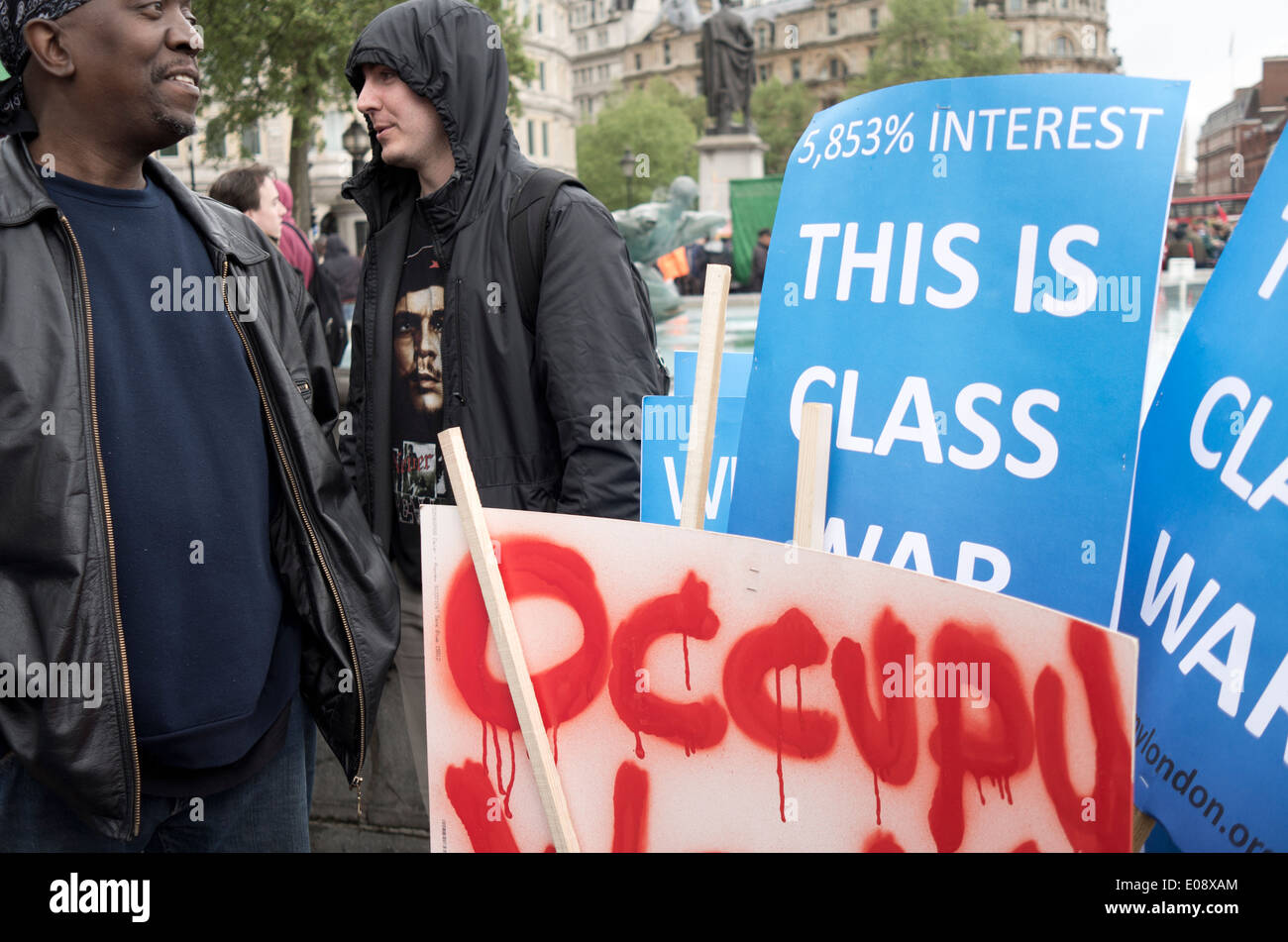 Demonstranten in London May Day März 2014. Stockfoto