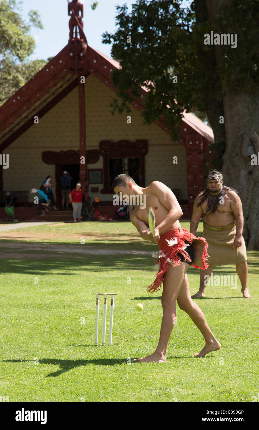 Maori in Neuseeland Waitangi Cricket spielen Männer Stockfoto