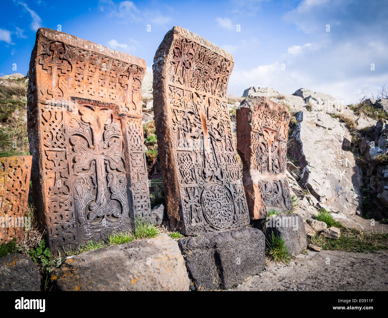 Khachkars im Sevanavank Kloster, Armenien. Stockfoto