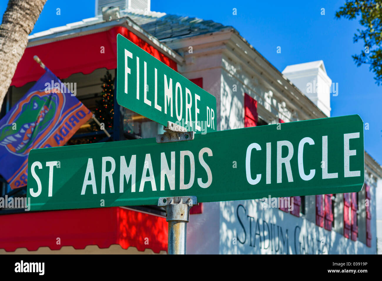 Straßenschild auf St. Armand's Circle, St. Armands Key, Sarasota, Golfküste, Florida, USA Stockfoto