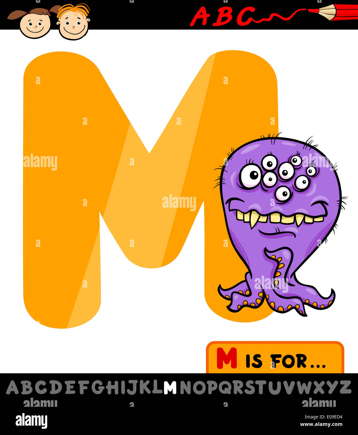 Cartoon Illustration von Großbuchstaben M vom Alphabet mit Monster für Kindausbildung Stockfoto