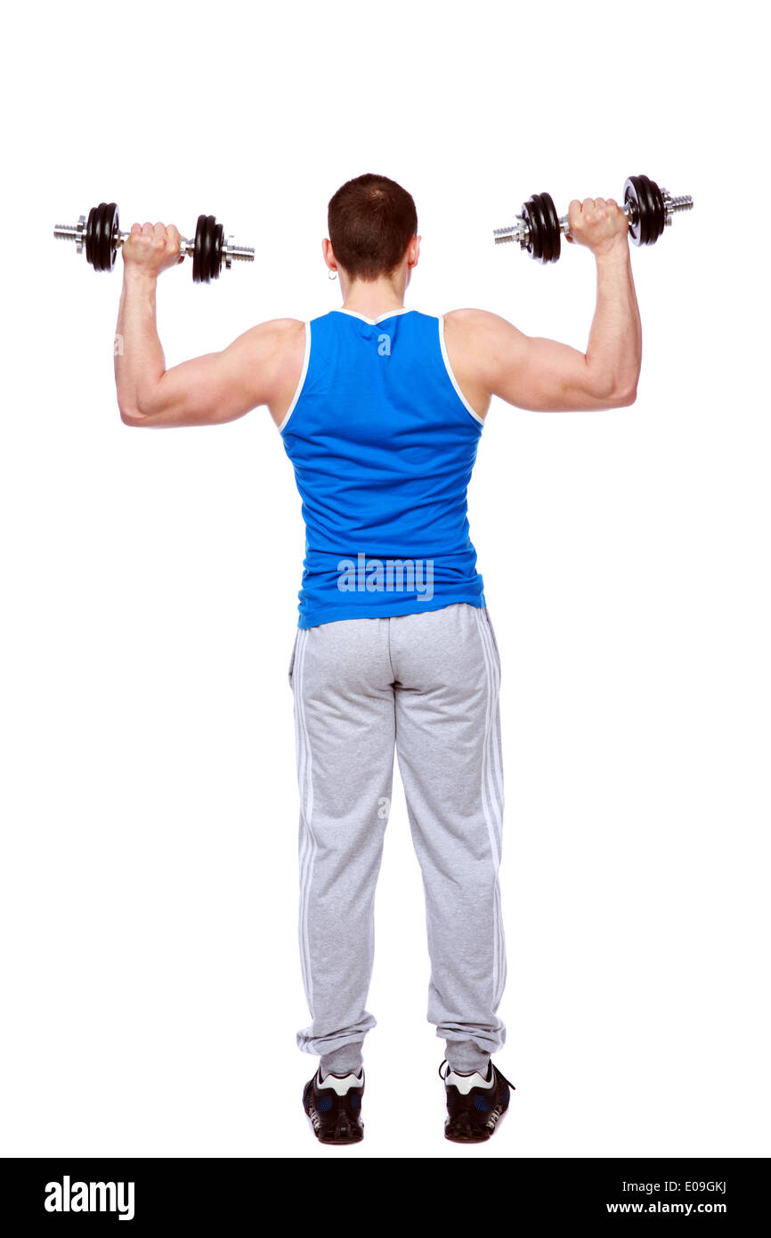 Rückansicht-Porträt eines Sport Übungen mit Hanteln auf weißem Hintergrund Stockfoto