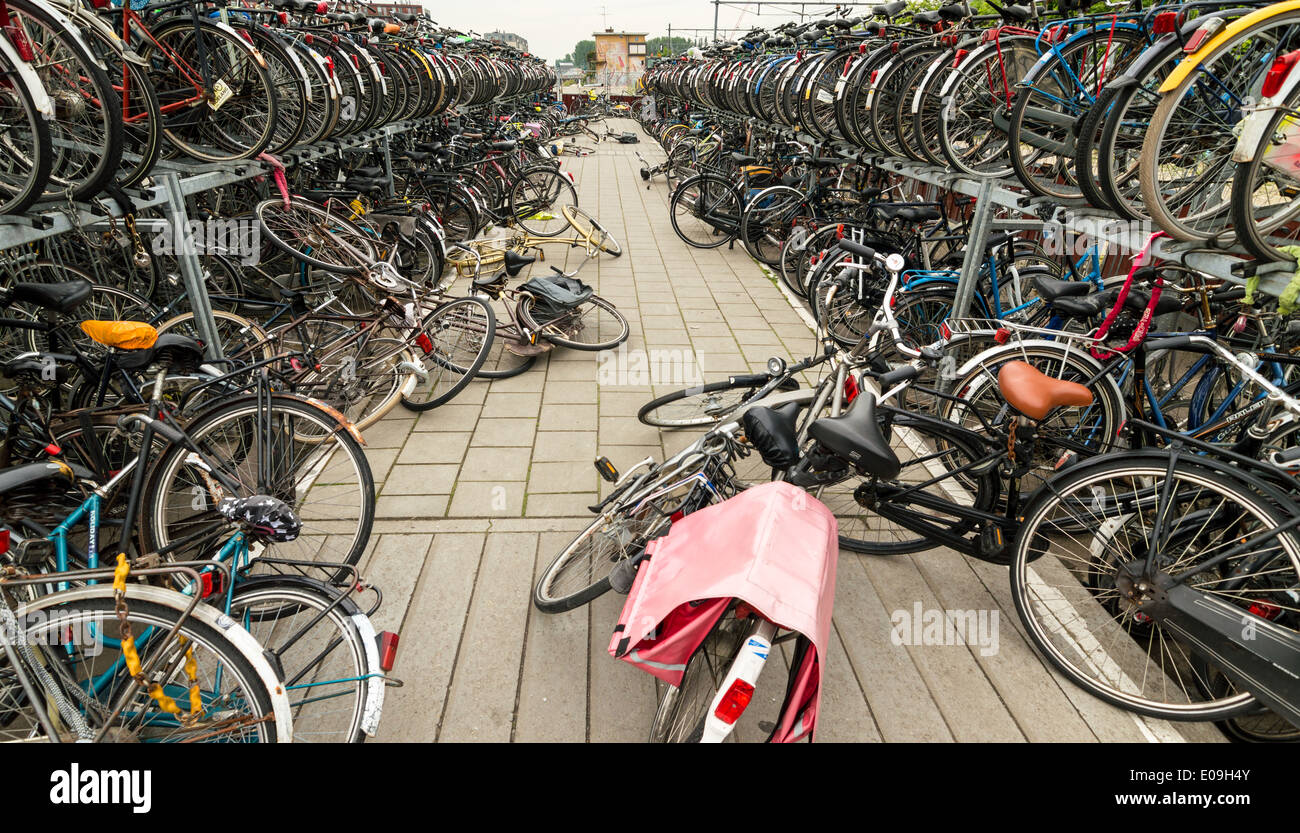 HUNDERTE VON FAHRRÄDERN AUF GESTELLEN IN DELFT RAILWAY STATION HOLLAND GESPEICHERT Stockfoto