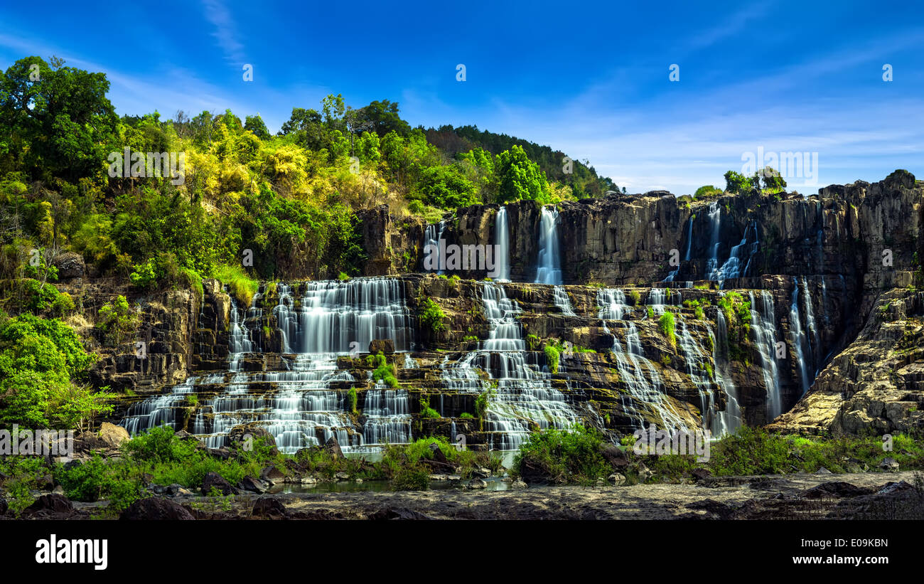 Tropischen Regenwald Landschaft Panorama mit fließenden Pongour Wasserfall unter blauem Himmel. Da Lat, Vietnam Stockfoto