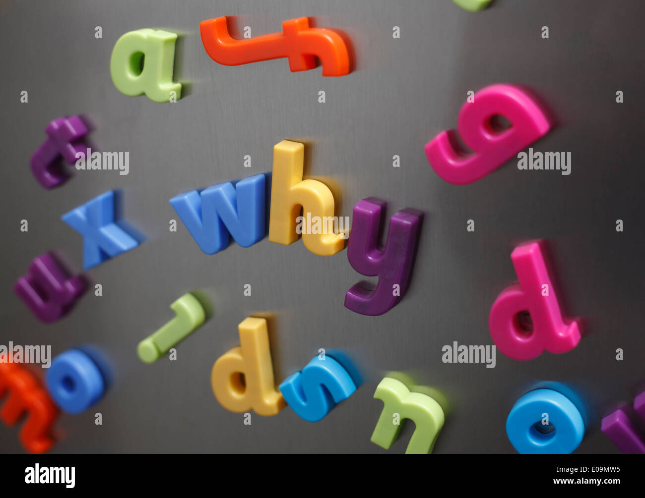 "Warum" in Kunststoff magnetische Buchstaben auf einer Kühlschranktür ausgeschrieben. Stockfoto