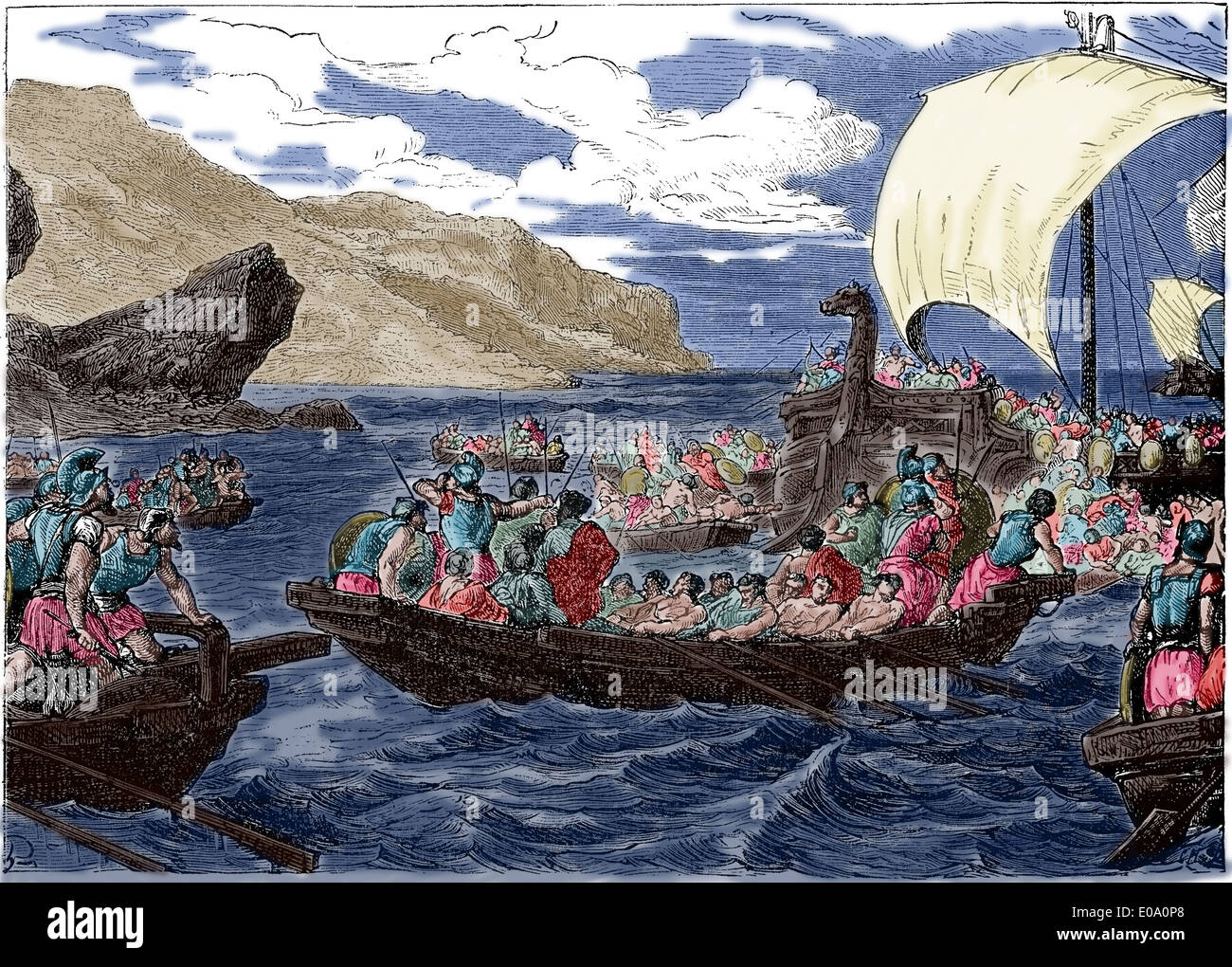 Phönizische Flotte auf eine Entdeckungsreise. Gravur. Spätere Färbung. Cyclopedia der Universalgeschichte, 1885. Stockfoto