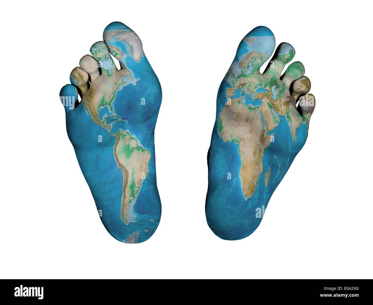 Menschliche Füße isoliert auf weißem Weltkarte drucken Stockfoto