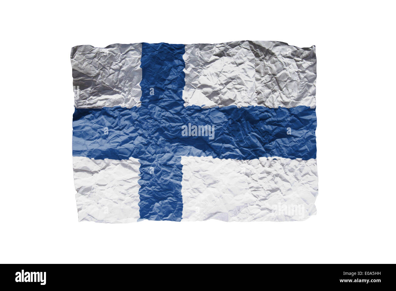 Nahaufnahme von einem gewelltes Papier auf weißem Hintergrund drucken der Flagge von Finnland Stockfoto