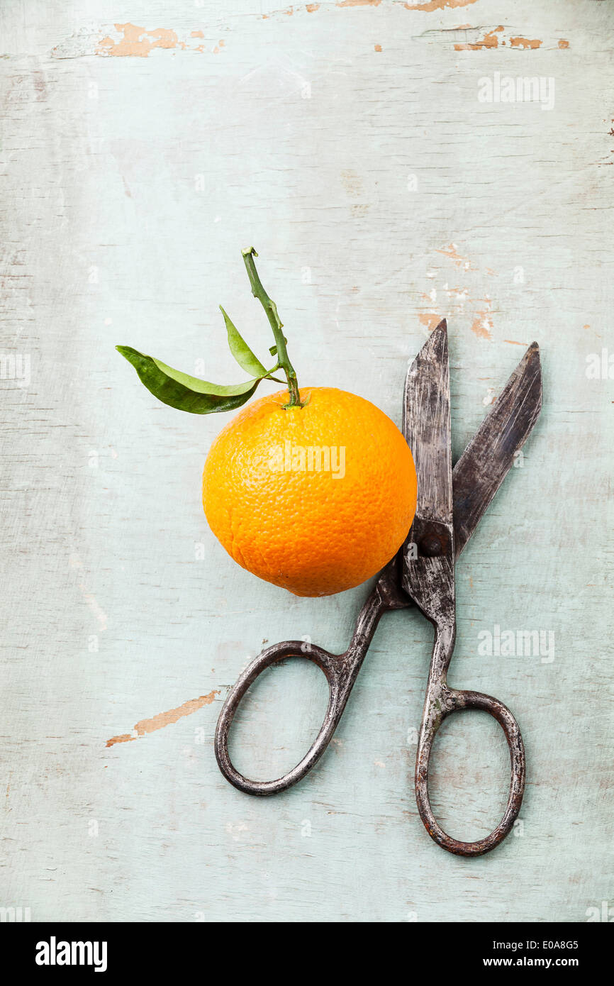 Reife Orange mit Blatt und Vintage Schere auf strukturierten Hintergrund Stockfoto