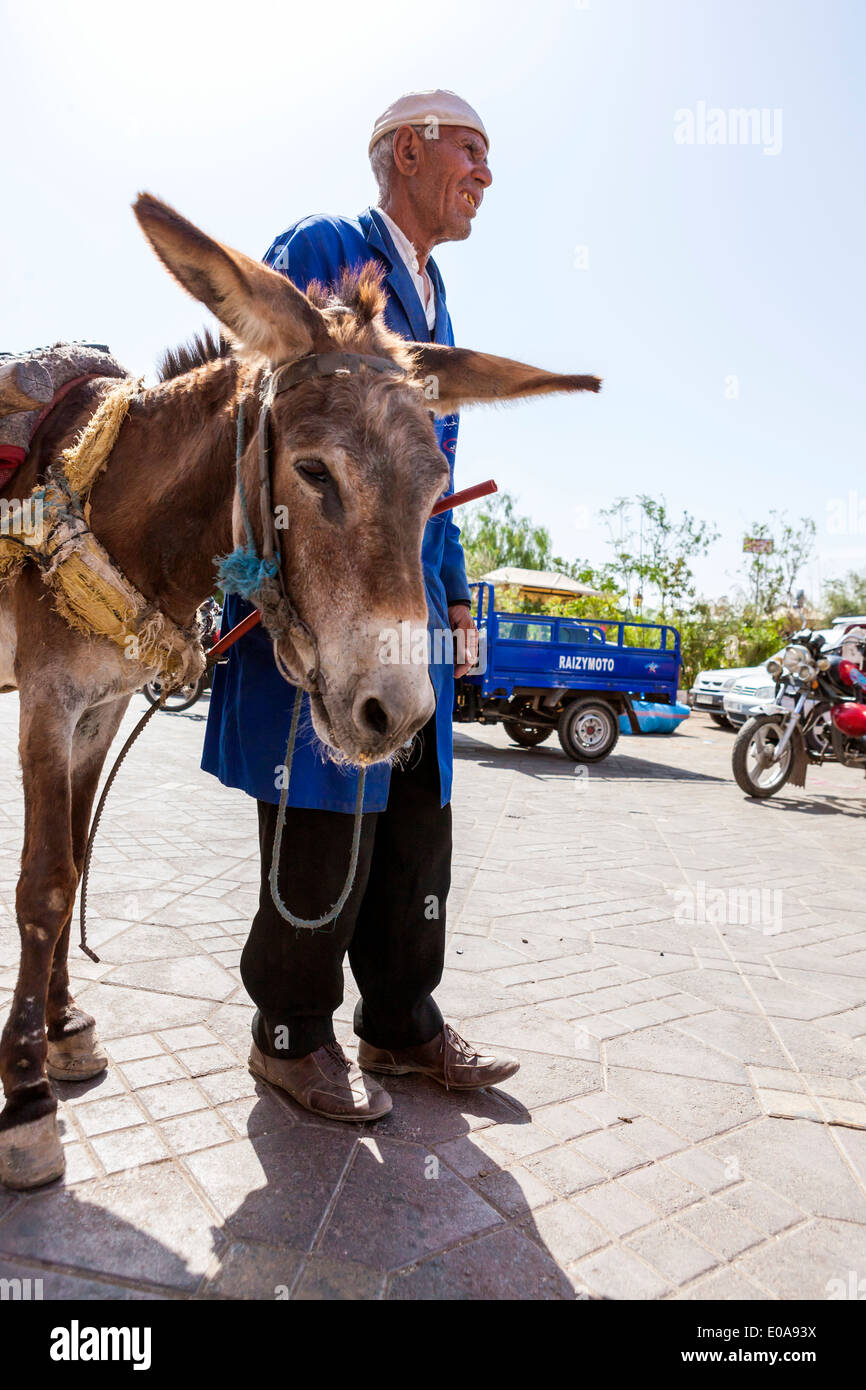 Alter Mann mit Esel auf Straßen der Medina, Marrakesch, Marokko. Stockfoto