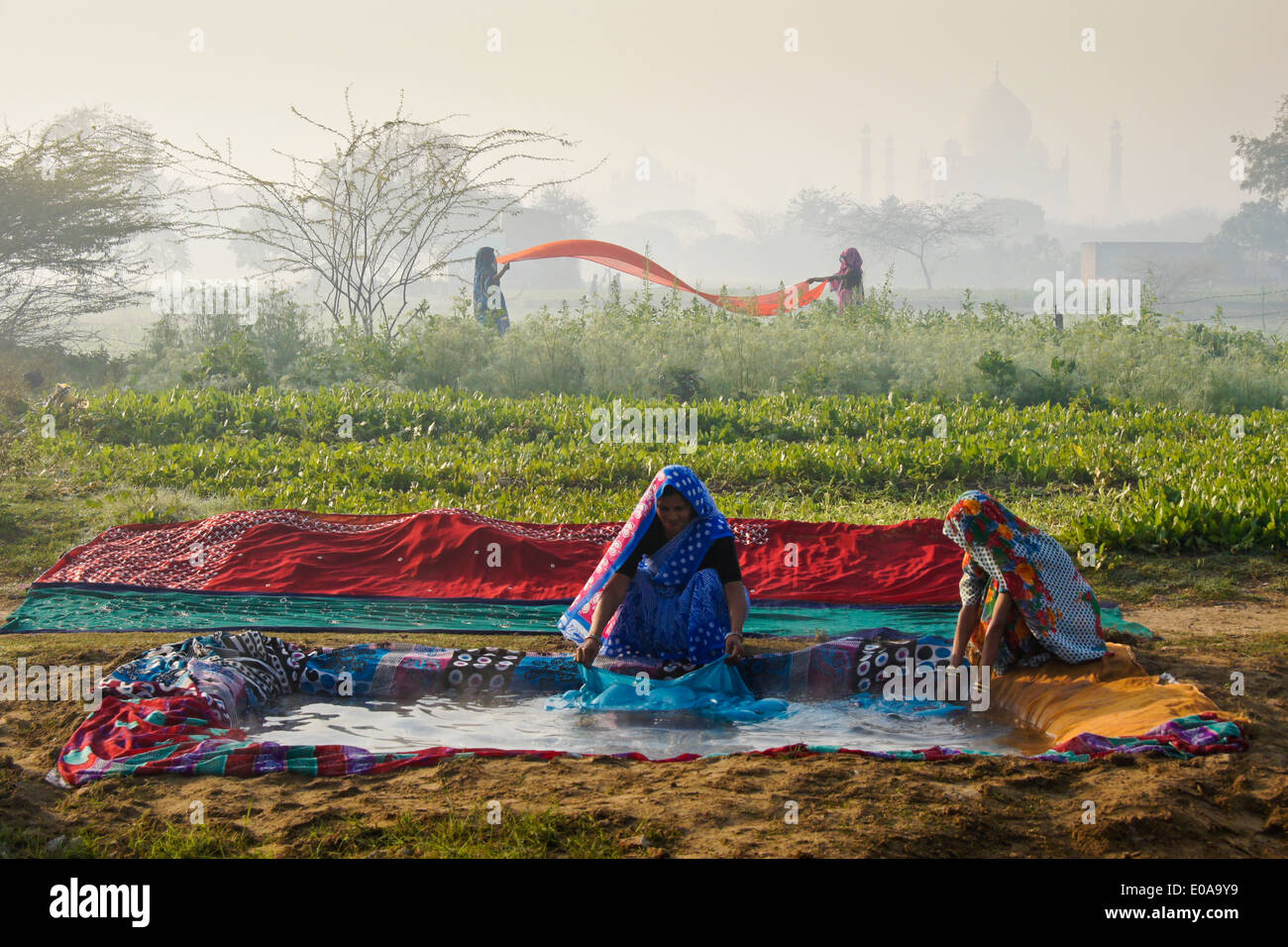 Frauen, die Wäsche mit Taj Mahal im Nebel, Nagla Kachhpura, Agra, Indien Stockfoto