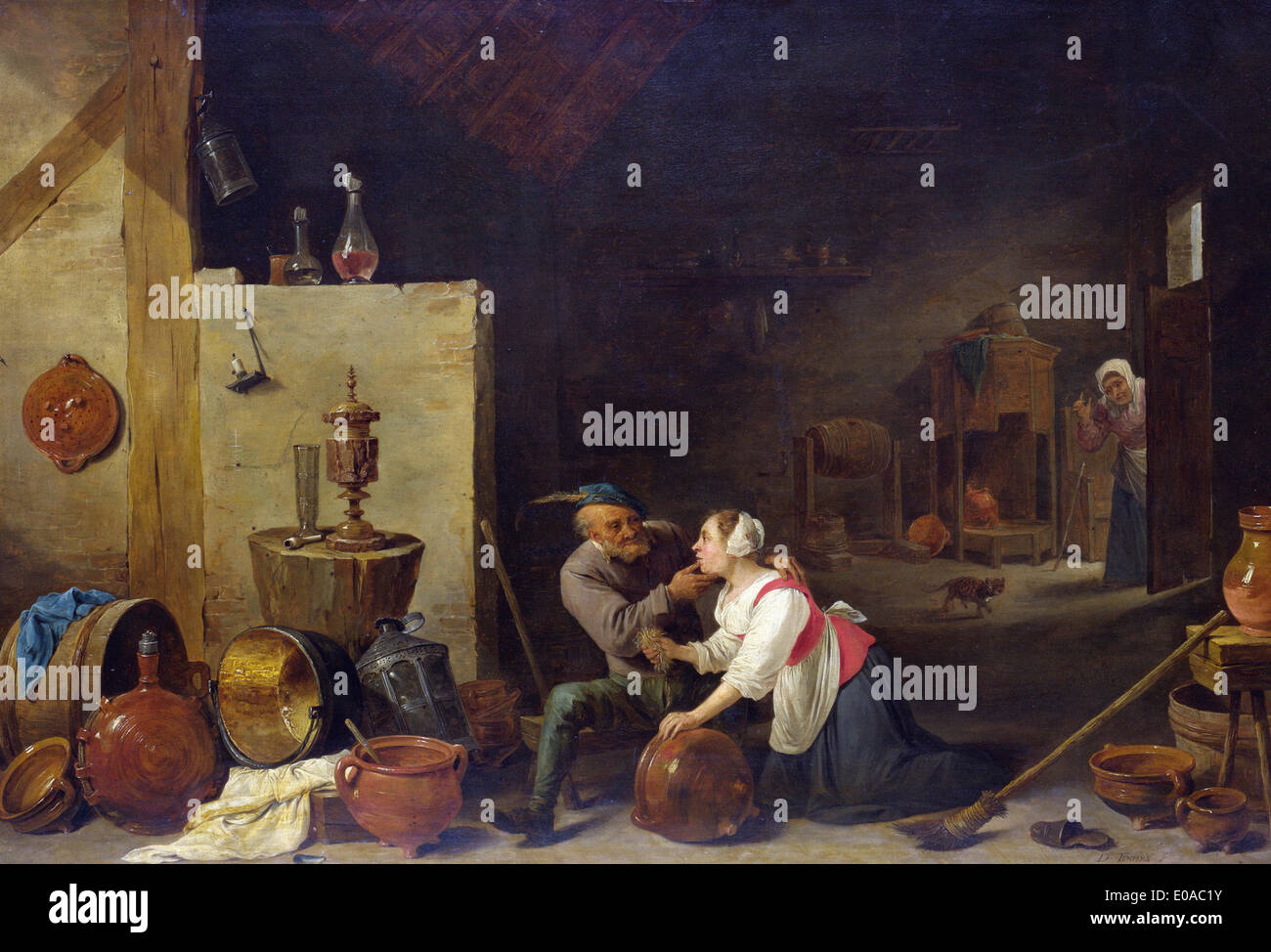 David Teniers der jüngere An alten Bauer streichelt eine Küchenmagd in einem Stall Stockfoto
