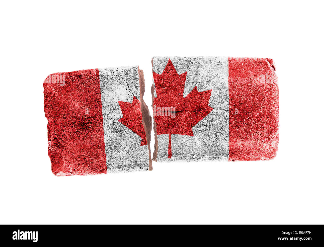 Grobe gebrochene Ziegel isoliert auf weißem Hintergrund Flagge Kanadas Stockfoto