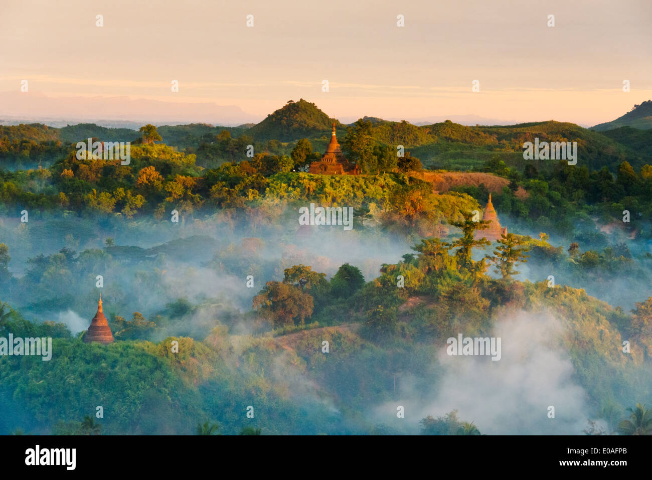 Antiken Tempeln und Pagoden in den Dschungel erhebt sich über Morgen Nebel, Mrauk-U, Rakhine State in Myanmar Stockfoto