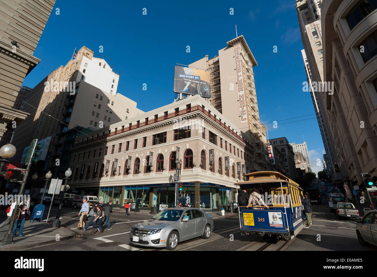 Cable Car in der Powell Street, Union Square, San Francisco, Kalifornien, USA Stockfoto