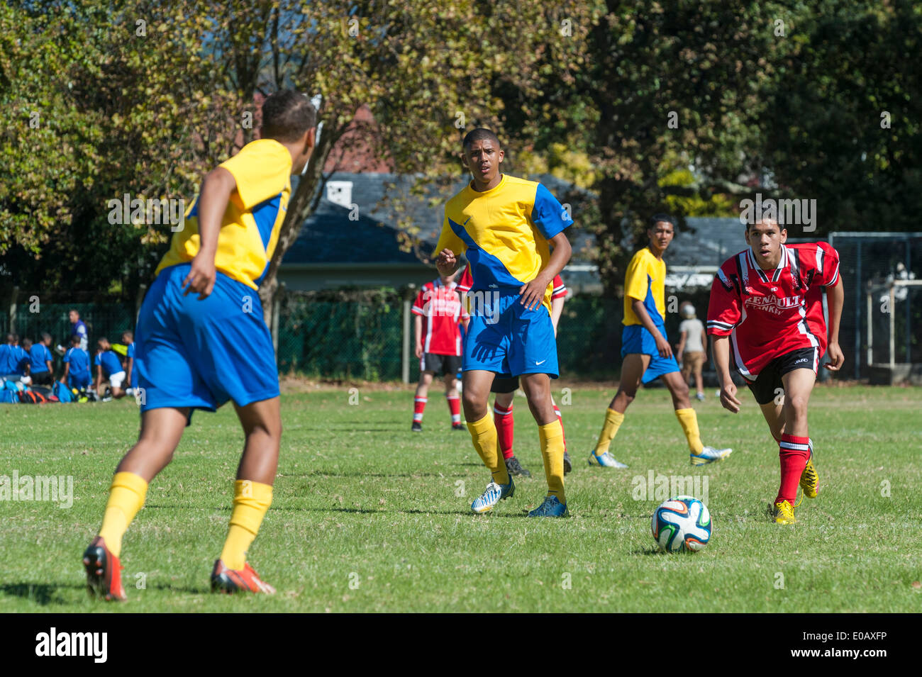 Südafrikanische Jugend-Fußball-Nationalmannschaft spielen gegen eine  deutsche Mannschaft (in rot), Cape Town, Südafrika Stockfotografie - Alamy