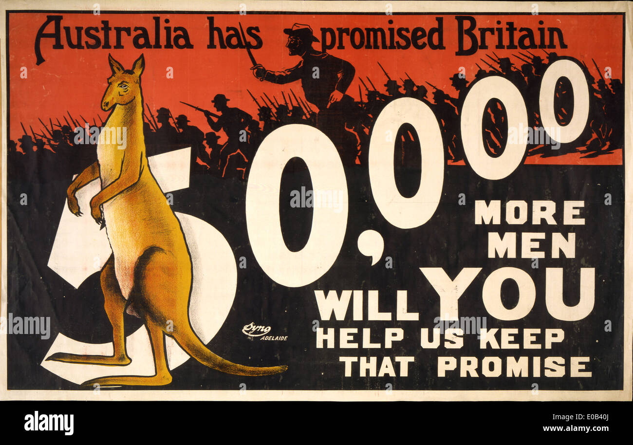 Australien hat Großbritannien 50.000 mehr Männer versprochen; helfen Sie uns dieses Versprechen - 1915 halten Stockfoto
