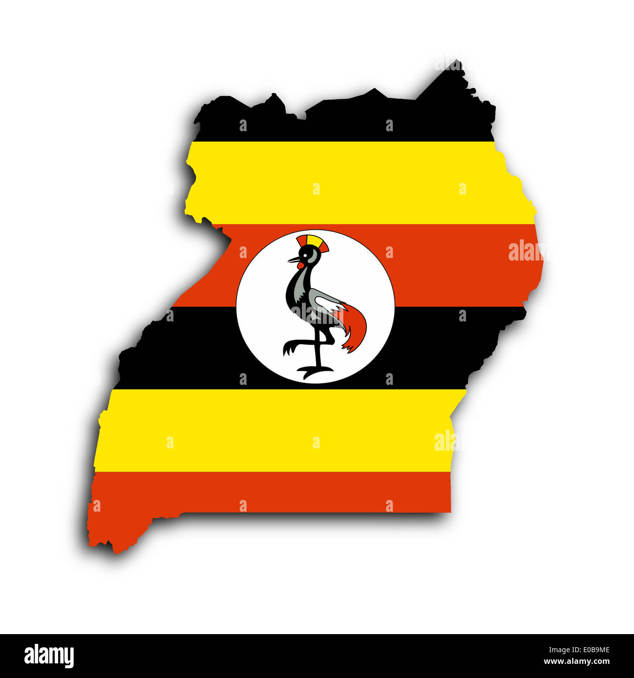 Uganda-Karte mit der Flagge innen isoliert auf weiß Stockfoto