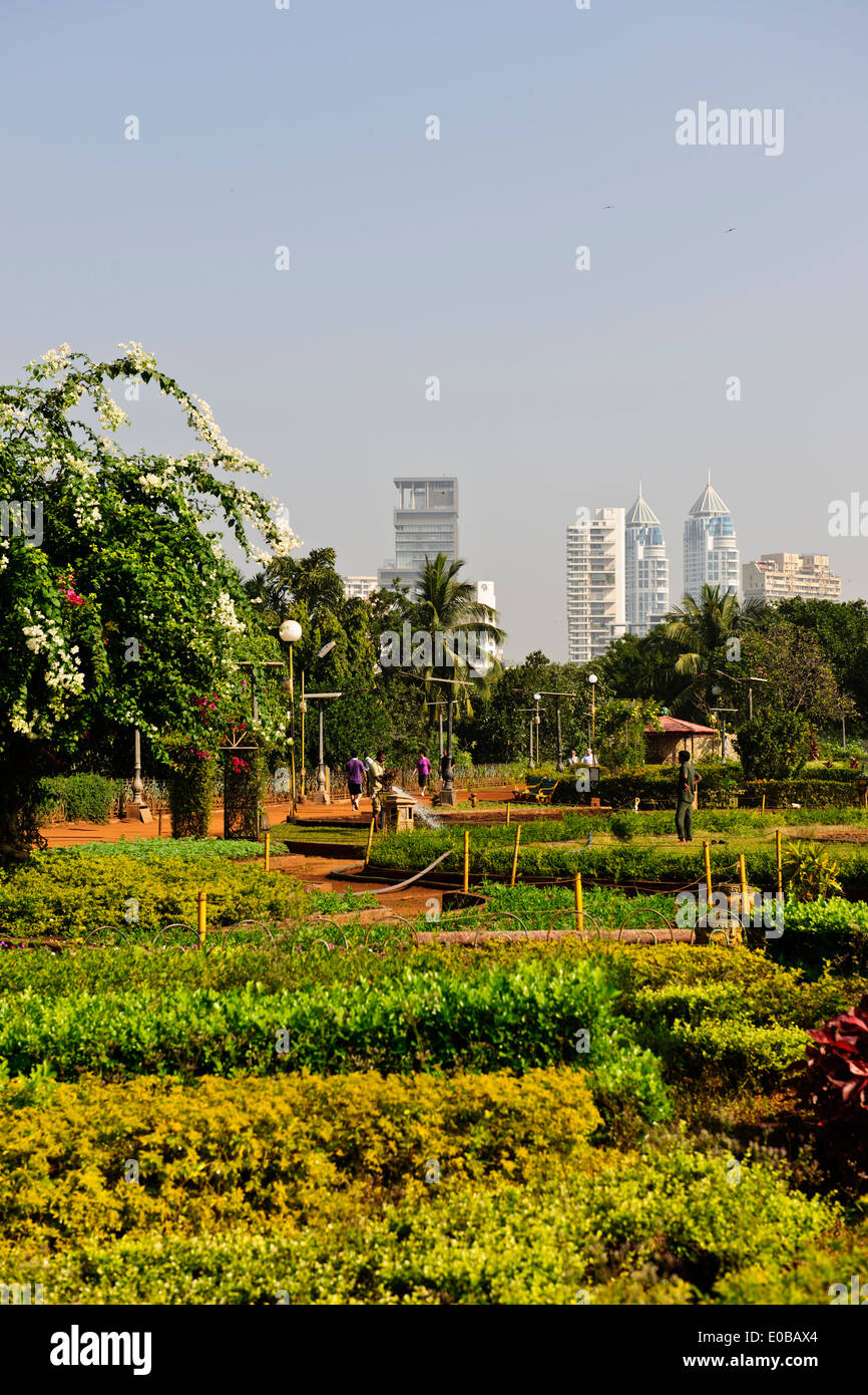 Mumbai Marine Drive Ansichten, Luxus-Wohnungen, Häuser, Parsi Türme des Schweigens, grünen Wohngegend, Gärten, Mumbai, Bombay, Indien Stockfoto