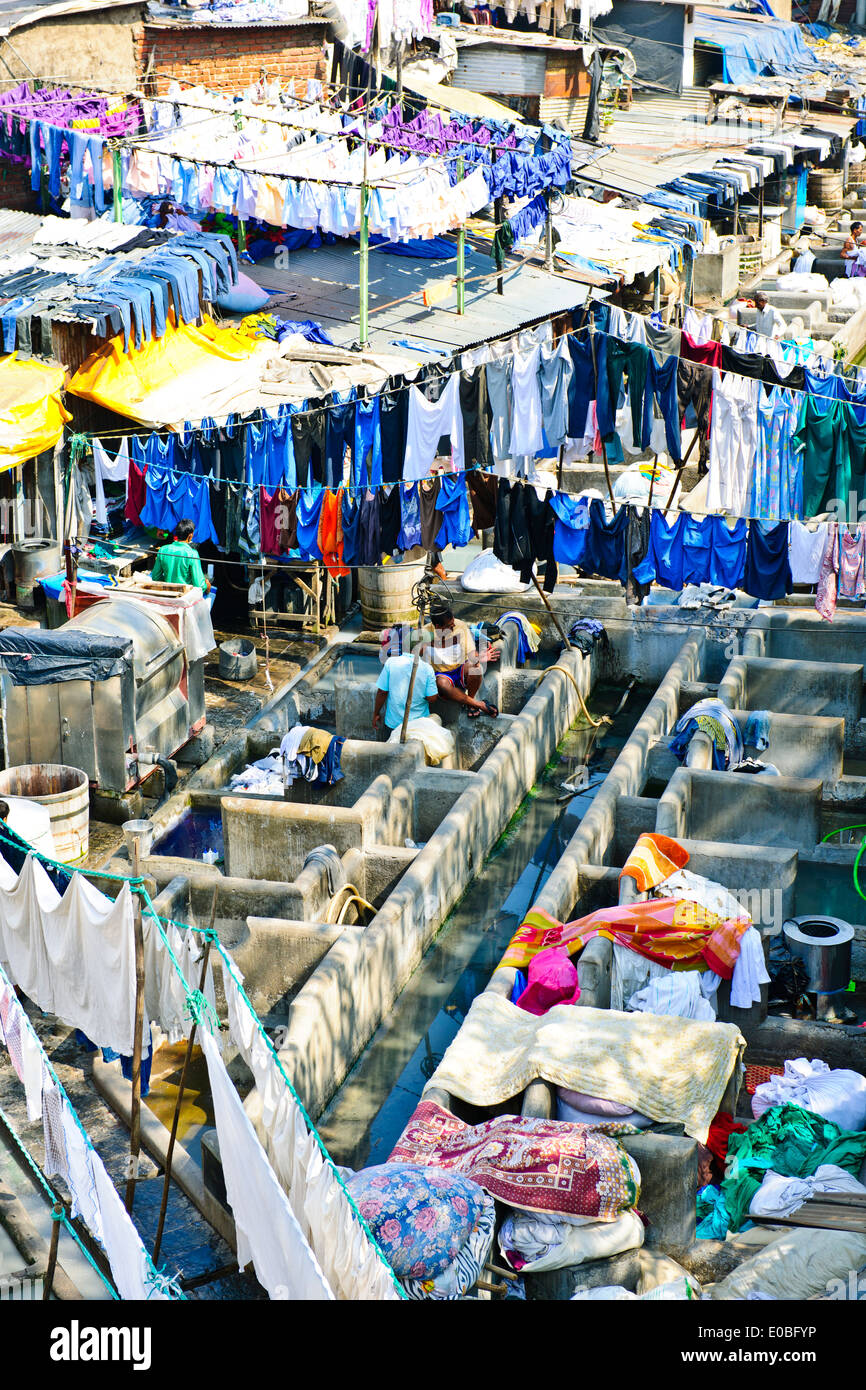 Stadt-Wäscherei basiert vor steigenden Mehrfamilienhäuser wo Hotel Wäsche gewaschen und getrocknet in heißen Sonne, Bombay, Mumbai, Indien Stockfoto