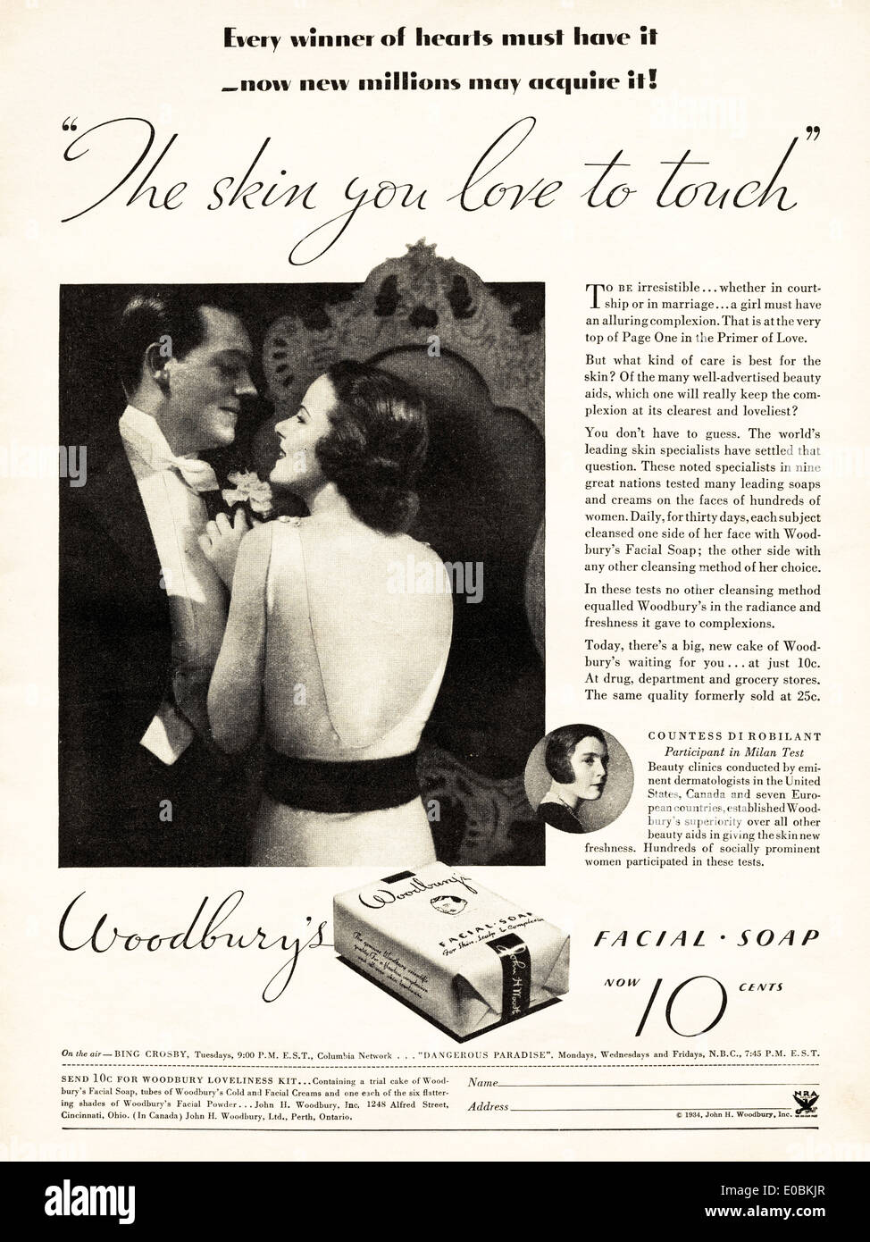 Werbung für WOODBURY'S FACIAL SOAP in 30 s das amerikanische Magazin vom Dezember 1934 Stockfoto