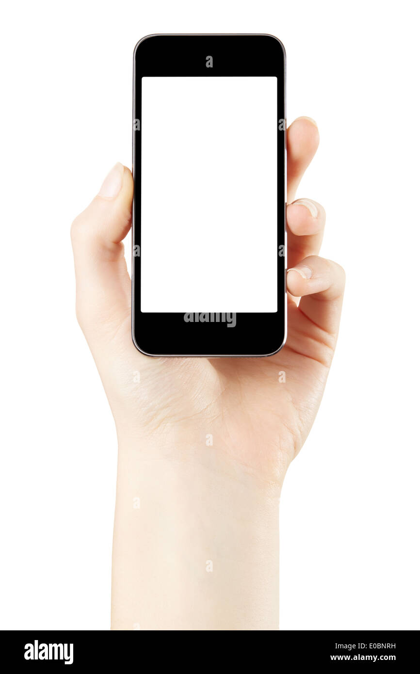 Hand mit Smartphone mit leerer Bildschirm Stockfoto