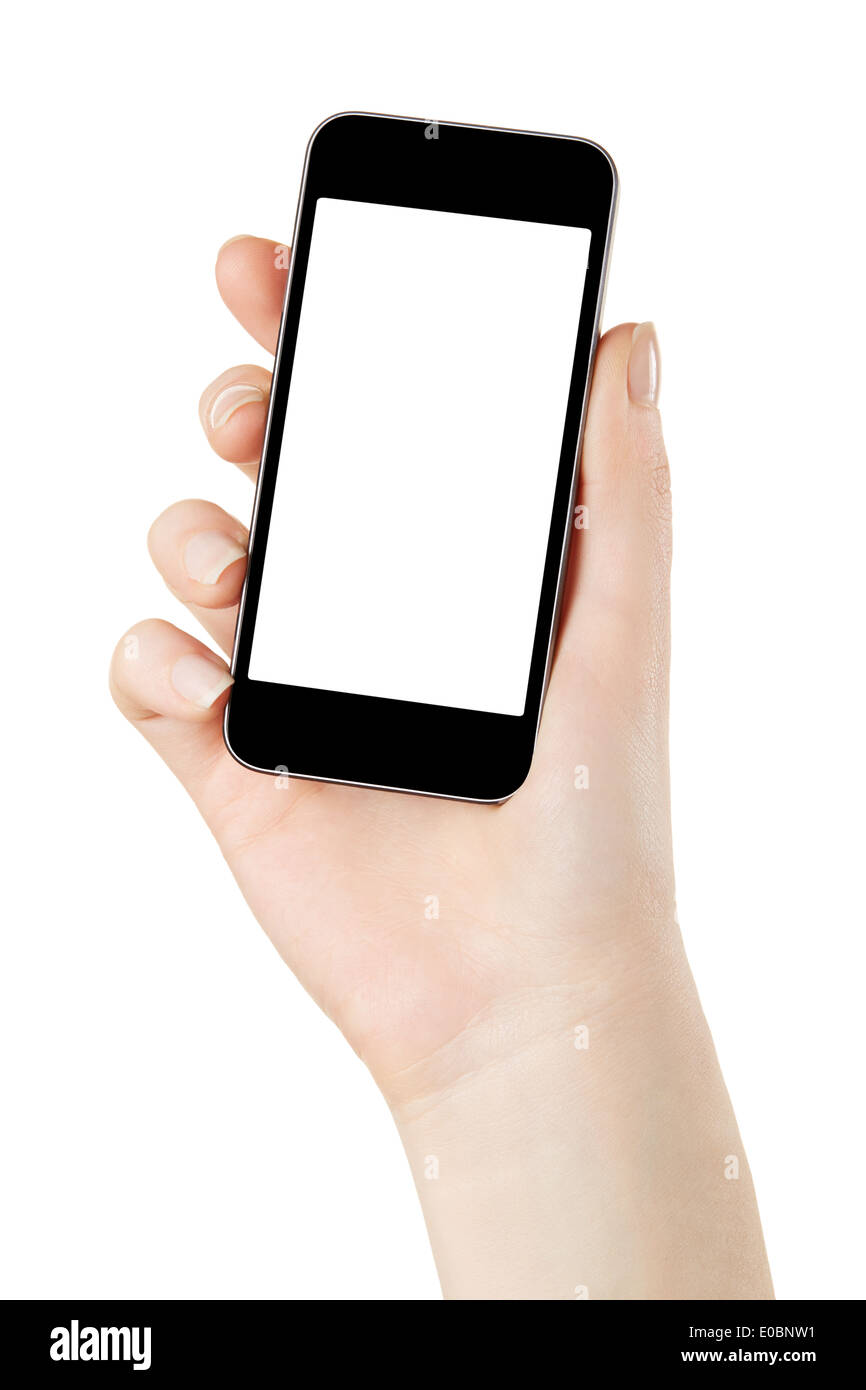 Hand mit Smartphone mit leerer Bildschirm Stockfoto