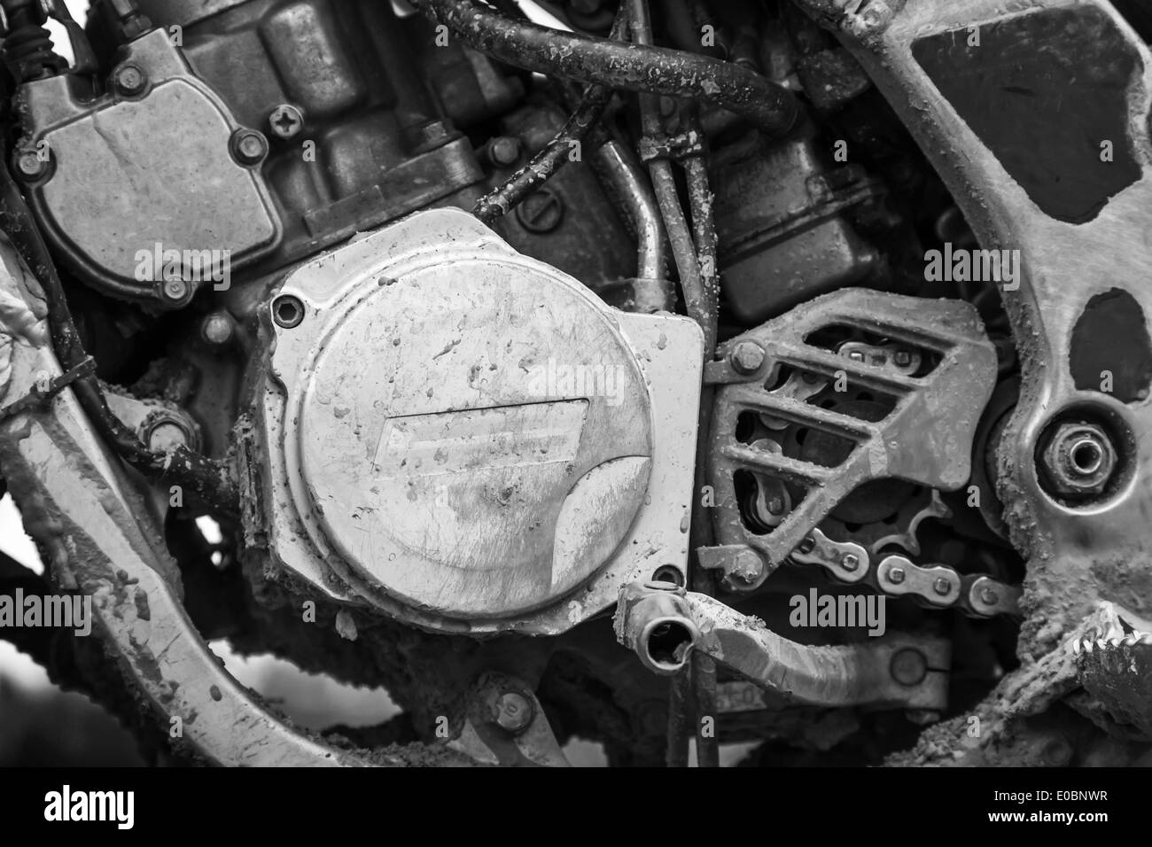 Close-up monochrome Fragment des Sport-Motocross-Motorrad-Motor Stockfoto