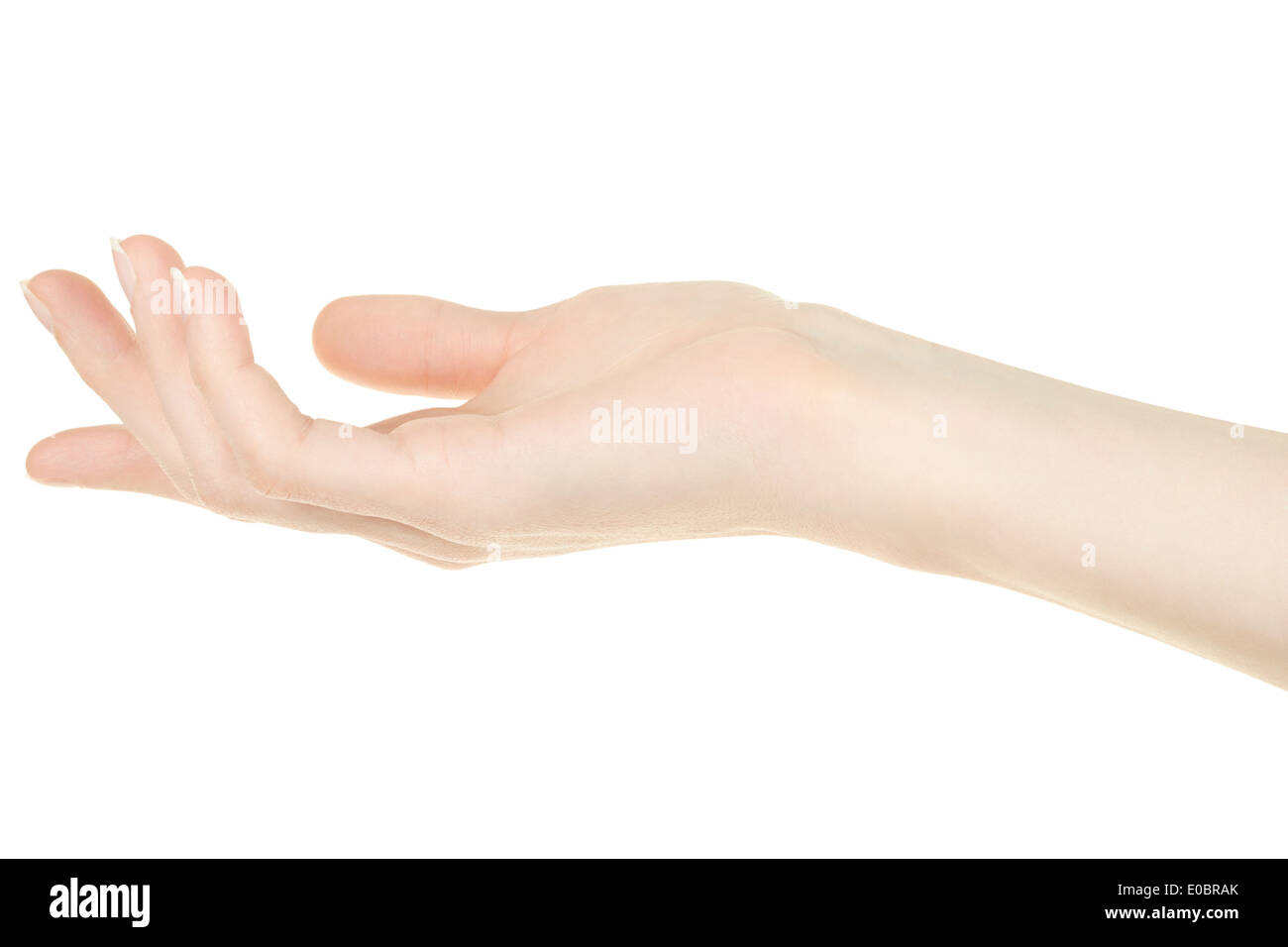 Offene, weibliche Hand Handfläche nach oben Stockfoto
