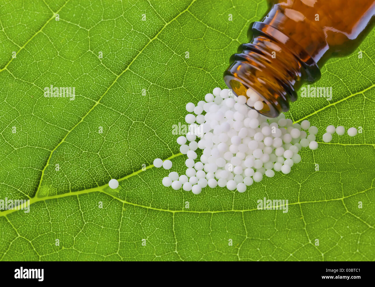 Globulis zur Behandlung von Krankheiten in die sanfte, alternative Medizin. Tabletten und Drogen Stockfoto